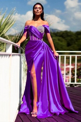 Charming Off-the-Shoulder Glitter Satin Side Split Long Evening Party Dress with Sweep Train_5