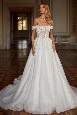 Amazing Off-the-Shoulder Glitter Church Wedding Dress 3D Flower Lace-up Design_1