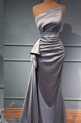 Charmante robe de bal sirène en satin argenté à une épaule avec perles_1