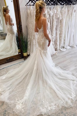 Elegant Deep V-Neck Mermaid Bridal Gown Floral Lace Tull Wedding Dress_2