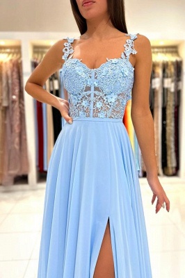 Sky Blue Sweetheart 3D Flower Long Evening Dress with Straps Chiffon Aline Prom Dress_7