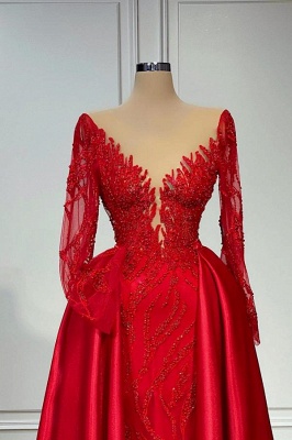 Robe de soirée sirène à manches longues rouge glamour avec perles scintillantes et train en satin_2