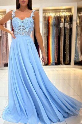 Sky Blue Sweetheart 3D Flower Long Evening Dress with Straps Chiffon Aline Prom Dress_9