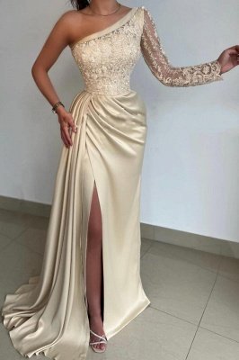 Une épaule Satin longue robe de bal dentelle florale appliques robe de soirée avec train de balayage latéral_2