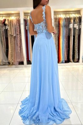 Sky Blue Sweetheart 3D Flower Long Evening Dress with Straps Chiffon Aline Prom Dress_8