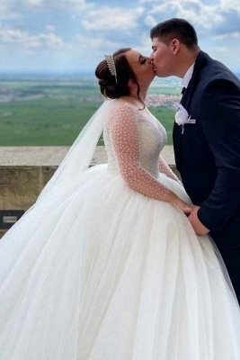 Wunderschönes Aline-Ballkleid-Hochzeitskleid mit langen Ärmeln und glitzerndem Pailletten-Brautkleid mit U-Ausschnitt_3