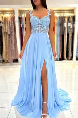 Sky Blue Sweetheart 3D Flower Long Evening Dress with Straps Chiffon Aline Prom Dress_1