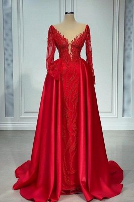 Vestido de noche de sirena de manga larga rojo glamoroso Cuentas de brillo con cola de raso_1