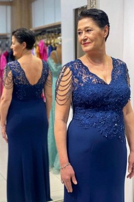 Elegantes Royal Blue Glitter Beads Quasten Kleid für die Brautmutter_2