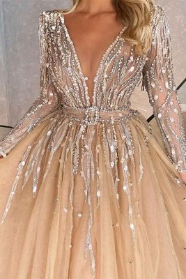 Stunning Aline Long Sleeves Evening Dress Sparkly Crystals V-Neck Party Gown_2