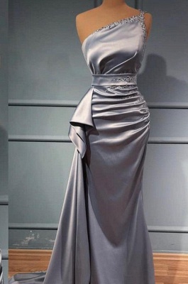 Charming One Shoulder Silver Satin  Mermaid Prom Dress Beadings_1