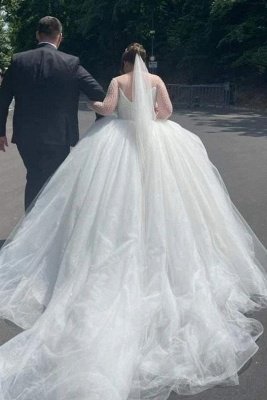 Wunderschönes Aline-Ballkleid-Hochzeitskleid mit langen Ärmeln und glitzerndem Pailletten-Brautkleid mit U-Ausschnitt_2