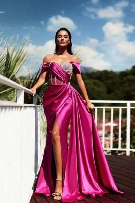 Charming Off-the-Shoulder Glitter Satin Side Split Long Evening Party Dress with Sweep Train_3