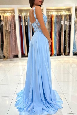 Sky Blue Sweetheart 3D Flower Long Evening Dress with Straps Chiffon Aline Prom Dress_5