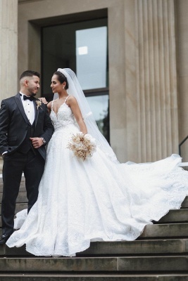 Elegante vestido de novia de princesa Aline con cuello en V doble blanco con tirantes finos_5