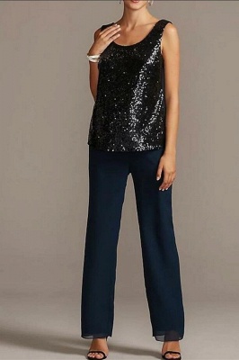 3 Piece Chiffon Jumpsuit Sequins Mother of the Bride Dress with Scoop Neck 3/4 Sleeves_3