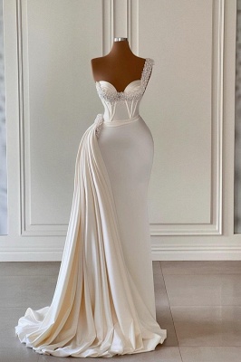 Stunning One Shoulder Sweetheart Satin Long Mermaid Wedding Party Dress Sparkly Crystals Prom Dress_1