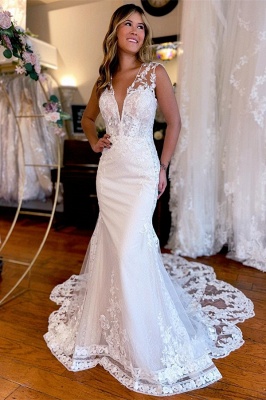 Elegant White Mermaid Wedding Dress V-Neck Aline Bridal Dress Sleeveless_1