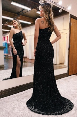 Black Sparkly Sequins Mermaid Prom Dress Long One Shoulder Side Split Party Dress_2