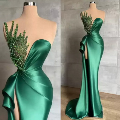 Sleeveless Ruched Satin Slim Mermaid Prom Dress Glitter Crystals Long Evening Dress_1