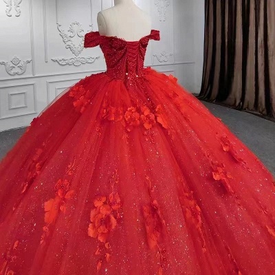 Vestido de fiesta de tul rojo con hombros descubiertos Vestido de quinceañera Perlas brillantes con apliques de flores_3