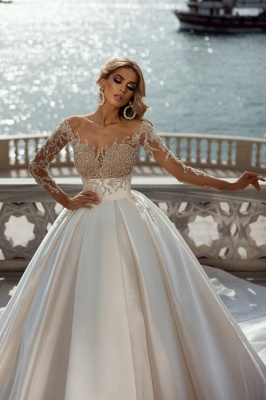 Glamorous Long Sleeves Wedding Dress Crystals Pearls Satin Bridal Gown_3