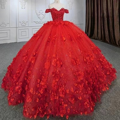 Off-the-Shoulder Red Tulle Ball Gown Quinceanera Dress Glitter Pearls With Flower Appliques_2