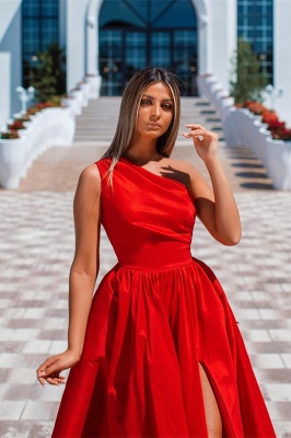 Amazing One Shoulder Red Long Side Split Evening Dress_2