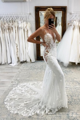 Charming Sleeveless V-Neck Lace Mermaid Wedding Dress with Floral Pattern_2