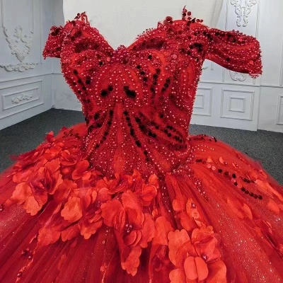 Vestido de fiesta de tul rojo con hombros descubiertos Vestido de quinceañera Perlas brillantes con apliques de flores_4