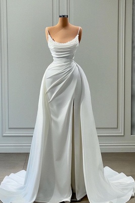 Stunning Ruched Satin Mermaid Evening Gown with Sweep Train Side Split Prom Dress_1