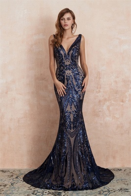 Stunning V-neck Slim Mermaid Prom Dress Sleeveless Glitter Evening Gown_8