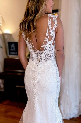 Elegant White Mermaid Wedding Dress V-Neck Aline Bridal Dress Sleeveless_3