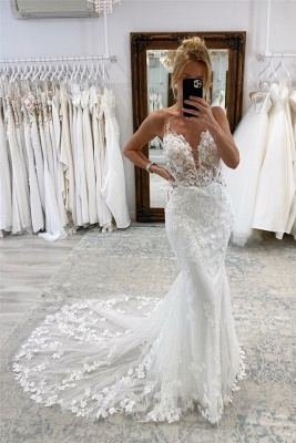 Charming Sleeveless V-Neck Lace Mermaid Wedding Dress with Floral Pattern_1