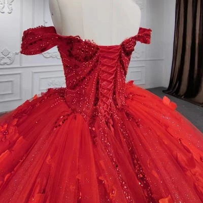 Off-the-Shoulder Ballkleid Quinceanera Kleid aus rotem Tüll Glitzerperlen mit Blumenapplikationen_5