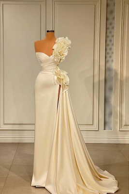 Stunning 3D Flower Long Mermaid Evening Dress Ruched Satin Side Split Prom Dress_1