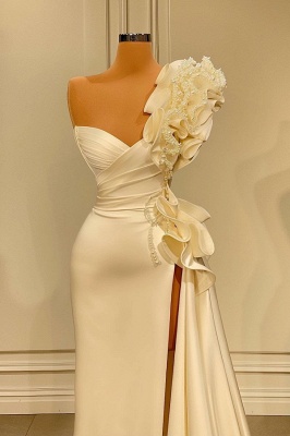 Stunning 3D Flower Long Mermaid Evening Dress Ruched Satin Side Split Prom Dress_2
