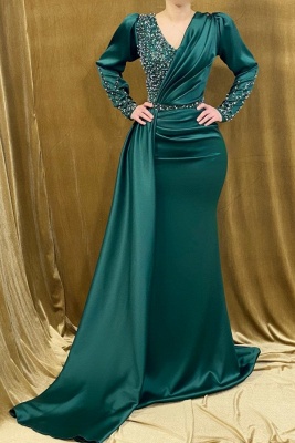 Stylish Long Sleeves Ruched Satin Mermaid Evening Dress with Beadings Long Train_1