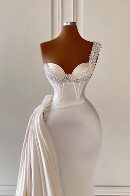 Atemberaubendes One-Shoulder-Schatz-Satin-langes Meerjungfrau-Hochzeitskleid mit funkelnden Kristallen_2