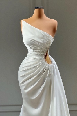 Stunning White One Shoulder Ruched Satin Mermaid Evening Dress_2