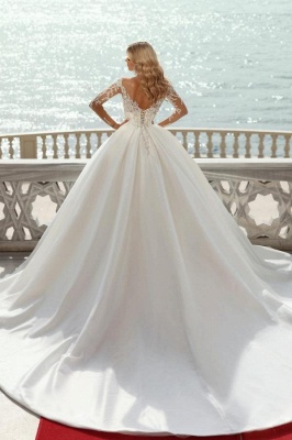 Glamorous Long Sleeves Wedding Dress Crystals Pearls Satin Bridal Gown_2