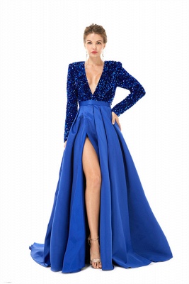 Charming Sparkly Sequins Long Evening Dress Satin Side Split Dress with Long Sleeves_9