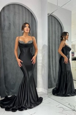 Sexy Black Mermaid Prom Dress Spaghetti Straps Glitter Crystals Slim Long Party Dress