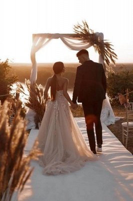 Elegant Strapless Beach Wedding Dress with White Flower Appliques Side Split Tulle Bridal Dress_2