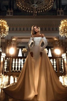 Off Shoulder Long Sleeves Satin Mermaid Bridal Gown with Sweep Train_1