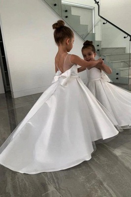 Long Sleeves Satin Crew Neck Flower Girl Dress with Bow Knot Backless Wedding Party Dress for Little Girls_3