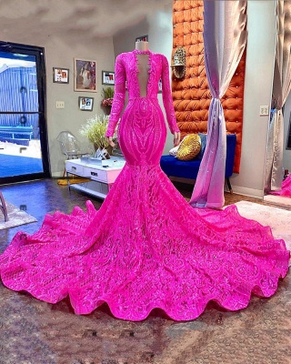 Lange Ärmel Tiefer V-Ausschnitt Meerjungfrau Abendkleid Glitzer Pailletten Fuchsia Partykleid_1