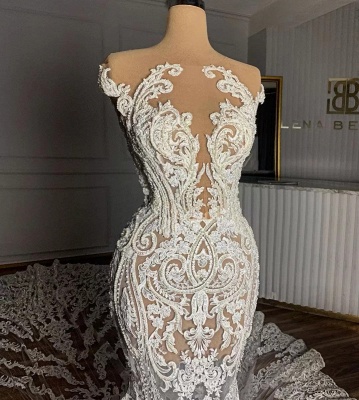 Superbe robe de mariée sirène sans manches robe de mariée en dentelle florale en tulle_3