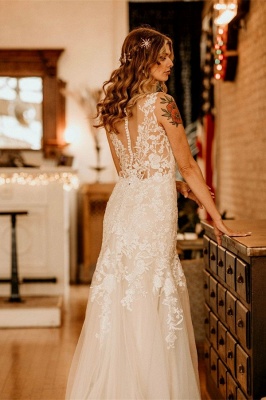 Elegant Tulle Floral Lace Mermaid Wedding Dress Sleeveless V-Neck Bridal Gown_3