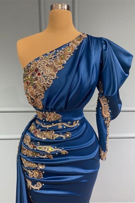 Navy Blue Long Mermaid One Shoulder Satin Appliques Prom Dress with Sleeves_2